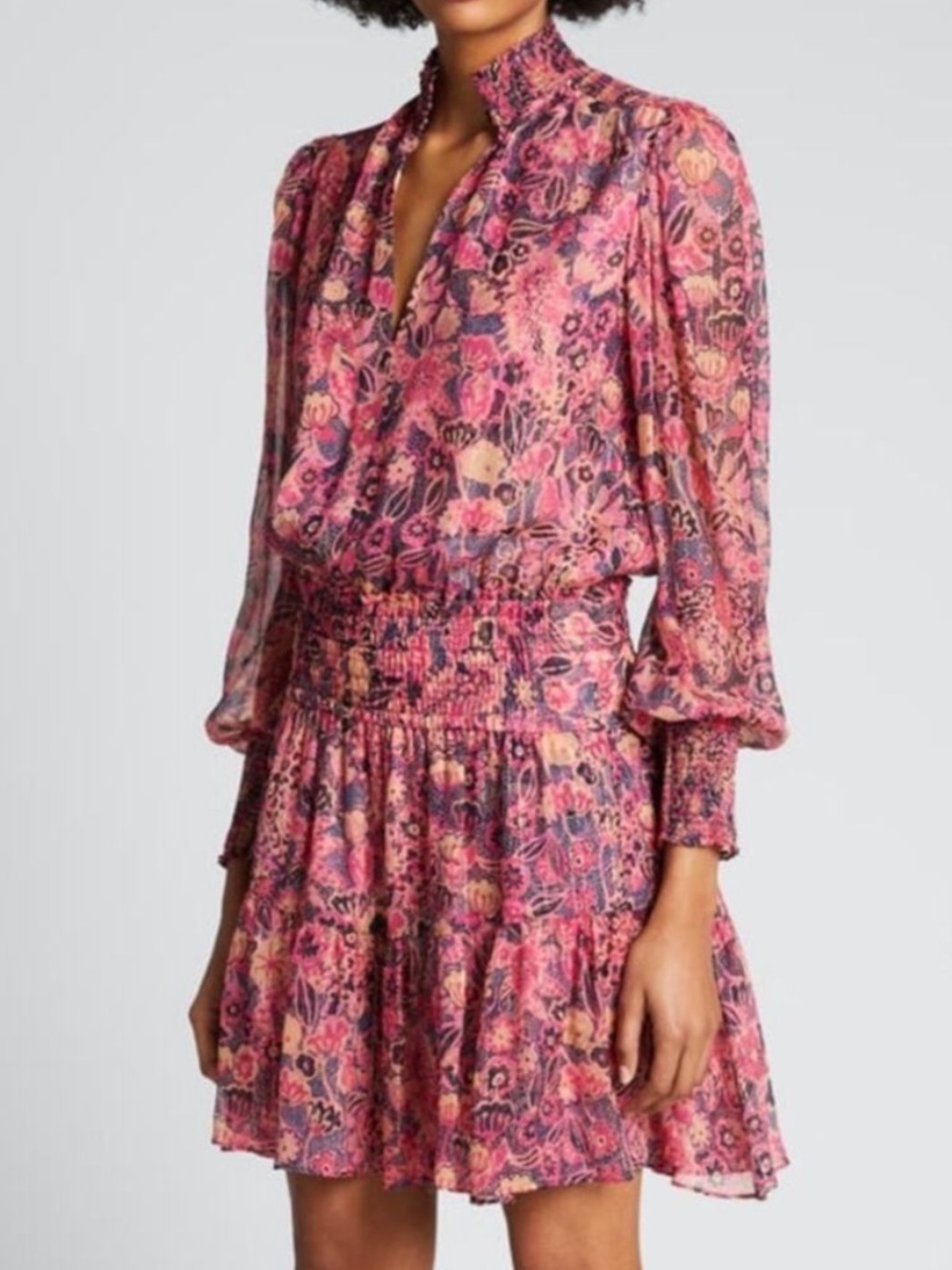 A.L.C. Silvie Smocked Silk Floral Mini Dress Long Sleeve Navy & Hot Pink Size 8